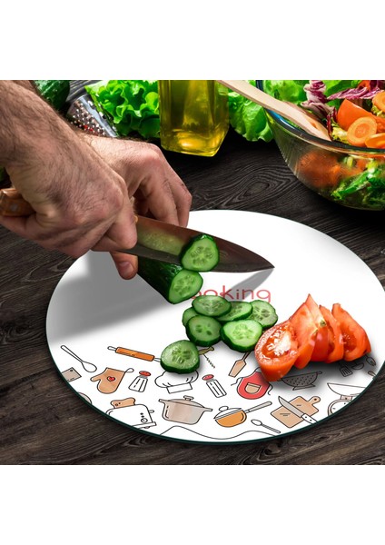 Cam Kesme Tahtası Yuvarlak Cooking Love Desenli 30X30 cm modelleri