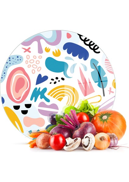 Cam Kesme Tahtası Yuvarlak Karışık Desenli 30X30 cm