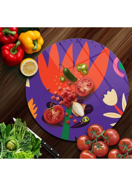Cam Kesme Tahtası Yuvarlak Mor Lale Desenli 30X30 cm fiyatları