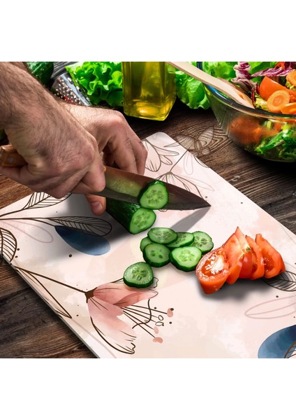 Cam Kesme Tahtası Suluboya Pembe Çiçek Desenli 30X40 cm modelleri