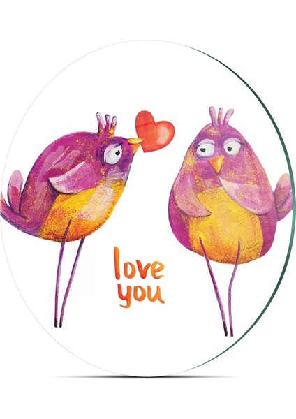 Cam Kesme Tahtası Yuvarlak Love Birds Desenli 30X30 cm