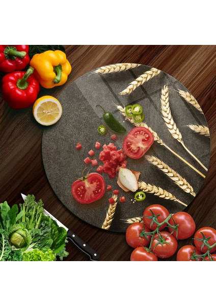 Cam Kesme Tahtası Yuvarlak Burçak Desenli 30X30 cm modelleri