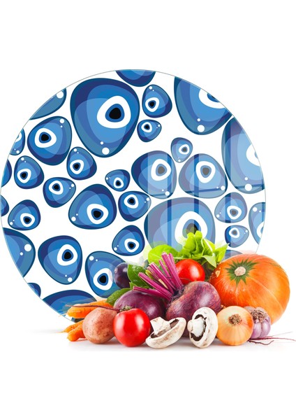 Cam Kesme Tahtası Yuvarlak Nazar Boncukları Desenli 30X30 cm