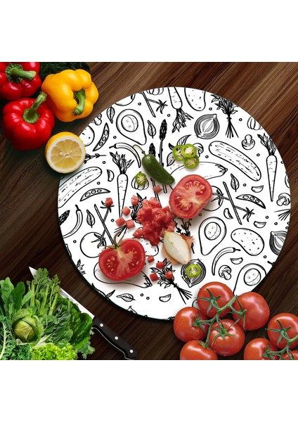 Cam Kesme Tahtası Yuvarlak Karışık Beyaz Sebze Desenli 30X30 cm