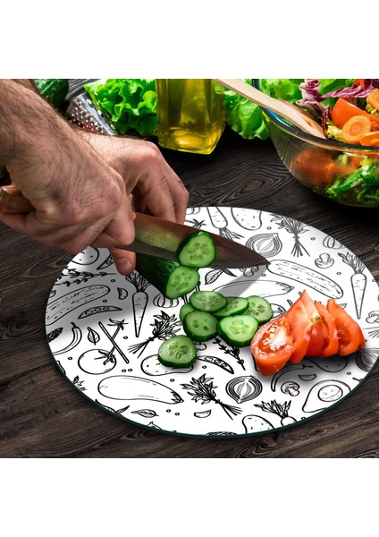 Cam Kesme Tahtası Yuvarlak Karışık Beyaz Sebze Desenli 30X30 cm modelleri