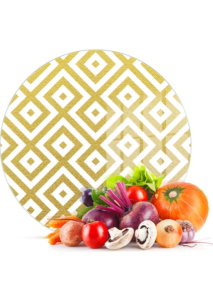 Cam Kesme Tahtası Yuvarlak Gold Kilim Desenli 30X30 cm