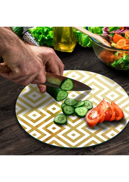 Cam Kesme Tahtası Yuvarlak Gold Kilim Desenli 30X30 cm modelleri
