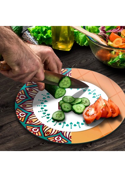 Cam Kesme Tahtası Yuvarlak Turuncu Love Desenli 30X30 cm modelleri