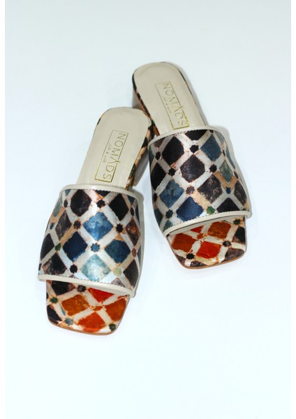 %100 Ipek-Hakiki Deri Kadın Terlik | Kösele Taban | Elhamra Desen