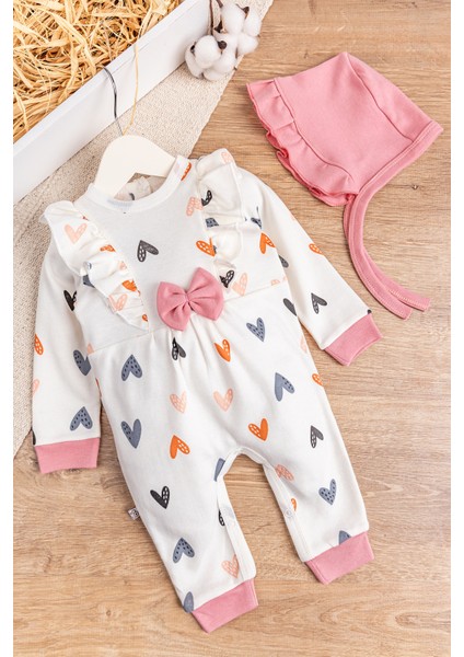 Kalp Desenli Fırfırlı Şapkalı Kız Bebek Tulum