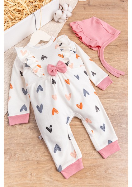 Kalp Desenli Fırfırlı Şapkalı Kız Bebek Tulum fiyatları