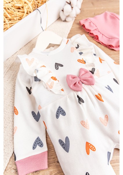 Kalp Desenli Fırfırlı Şapkalı Kız Bebek Tulum modelleri