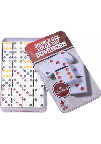 Renkli Noktalı Çift 6 Domino Seti Oyun Seti - Teneke Kutuda Beyaz Domino 28 Parça Set Oyuncak - Si- Dot Domino Maç ve Eğitici Oyun (Yurt Dışından)