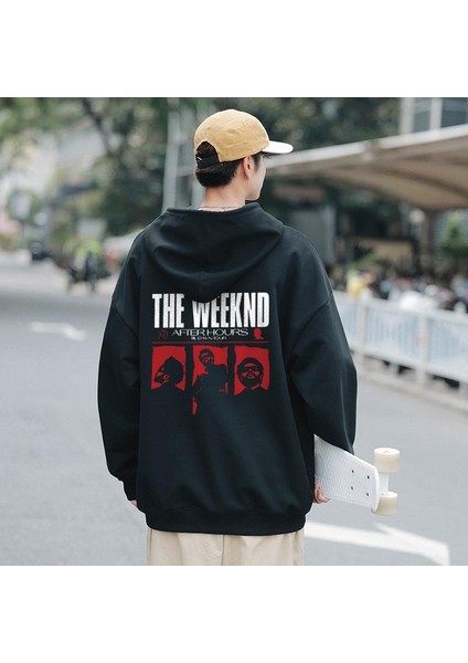 The Weeknd Ön-Arka Baskılı Siyah Unisex Oversize Kapüşonlu Sweatshirt