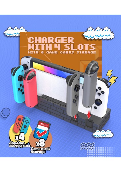4 Şarj Yuvası Joy Con Black Için Nintendo Switch Için 8 Oyun Yuvasına Sahip Stand Station Cradle (Yurt Dışından)