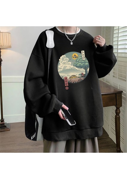 Anime Harajuku Totoro Baskılı Siyah Oversize Bisiklet Yaka Sweatshirt