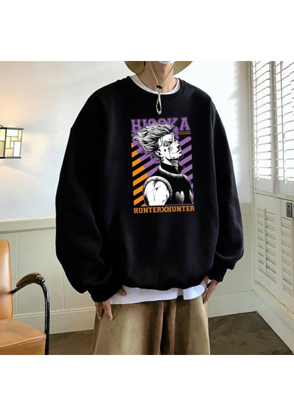 Anime Hunter x Hunter Hisoka Baskılı Siyah Unisex Oversize Bisiklet Yaka Sweatshirt