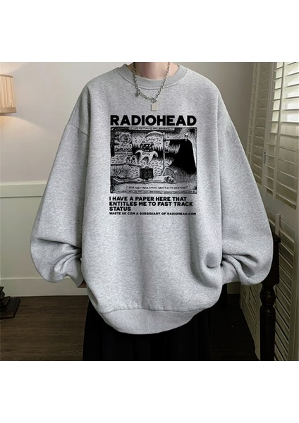 Touz Moda Radio Heat Baskılı Gri Unisex Oversize Bisiklet Yaka Sweatshirt