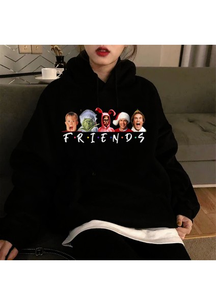 Friends Christmas Baskılı Siyah Oversize Kapüşonlu Sweatshirt