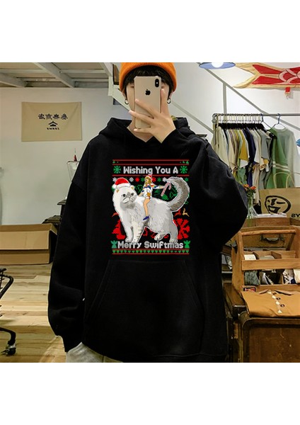 Wishing You Baskılı Siyah Oversize Kapüşonlu Sweatshirt