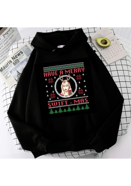 Have A Merry Baskılı Siyah Oversize Kapüşonlu Sweatshirt