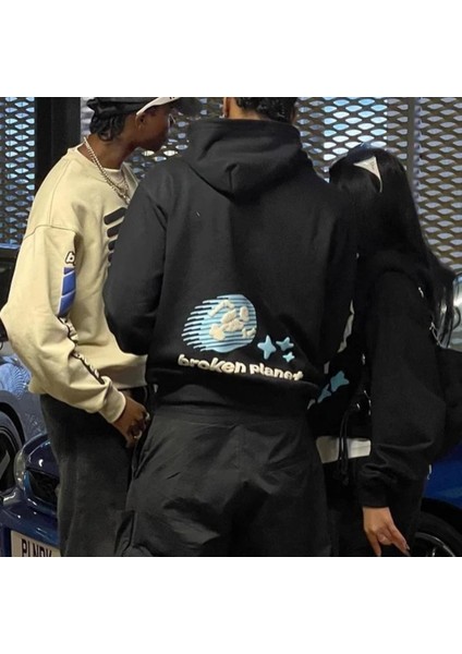 Streetwear Kabartma Cosmic Baskılı Siyah Sweatshirt
