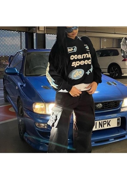 Streetwear Kabartma Cosmic Baskılı Siyah Sweatshirt