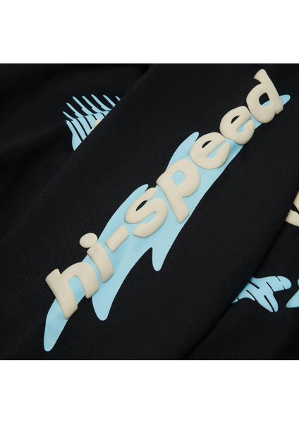 Streetwear Kabartma Cosmic Baskılı Siyah Sweatshirt