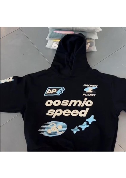 Streetwear Kabartma Cosmic Baskılı Siyah Sweatshirt