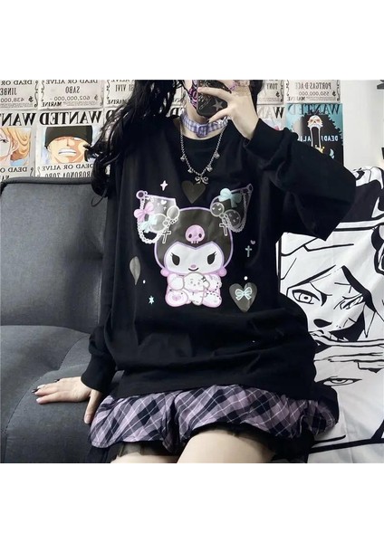 Harajuku Kuromi Baskılı Siyah Oversize Bisiklet Yaka Sweatshirt