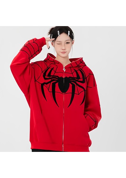 Touz Moda Y2K Streetwear Spider Web Oversize Fermuarlı Kırmızı Unisex Kapüşonlu Hırka