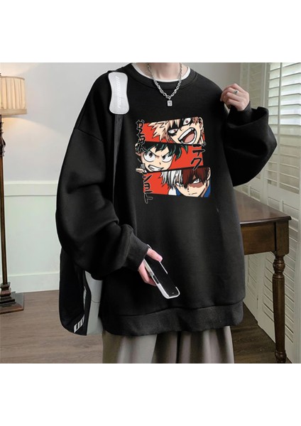 Anime Harajuku My Hero Academia Baskılı Siyah Unisex Oversize Bisiklet Yaka Sweatshirt