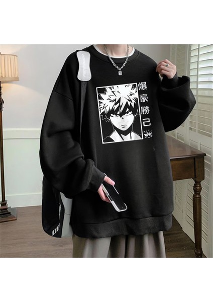 Anime Harajuku My Hero Academia Katsuki Bakugo Baskılı Siyah Unisex Oversize Bisiklet Yaka Sweatshirt