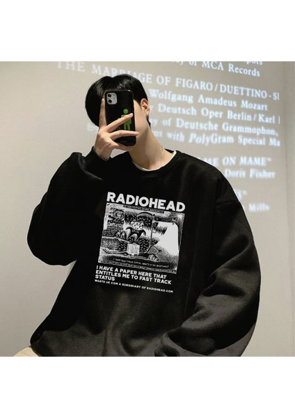 Radio Heat Baskılı Siyah Oversize Bisiklet Yaka Sweatshirt