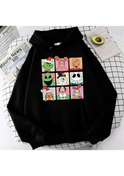 Yılbaşı Karakter Baskılı Siyah Oversize Kapüşonlu Sweatshirt