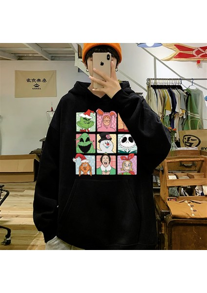 Yılbaşı Karakter Baskılı Siyah Oversize Kapüşonlu Sweatshirt fiyatları