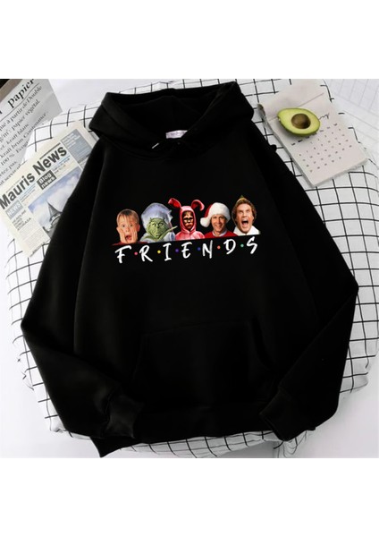 Friends Christmas Baskılı Siyah Oversize Kapüşonlu Sweatshirt