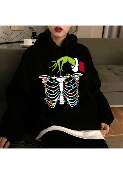 Christmas Gothic Baskılı Siyah Oversize Kapüşonlu Sweatshirt