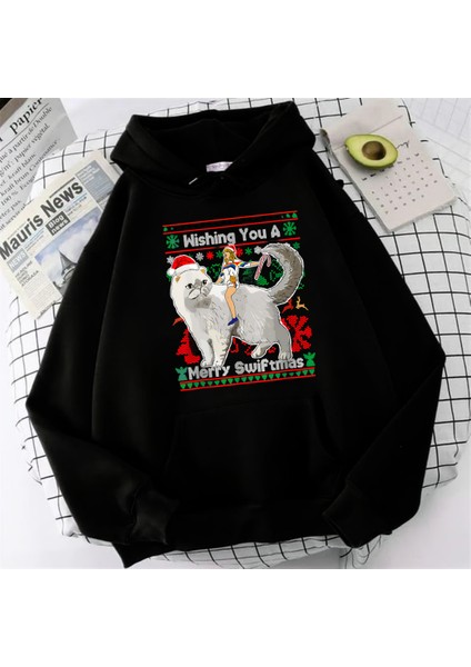 Wishing You Baskılı Siyah Oversize Kapüşonlu Sweatshirt