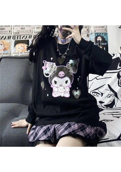 Harajuku Kuromi Baskılı Siyah Unisex Oversize Bisiklet Yaka Sweatshirt