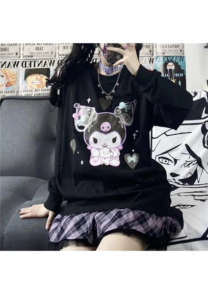 Touz Moda Harajuku Kuromi Baskılı Siyah Unisex Oversize Bisiklet Yaka Sweatshirt