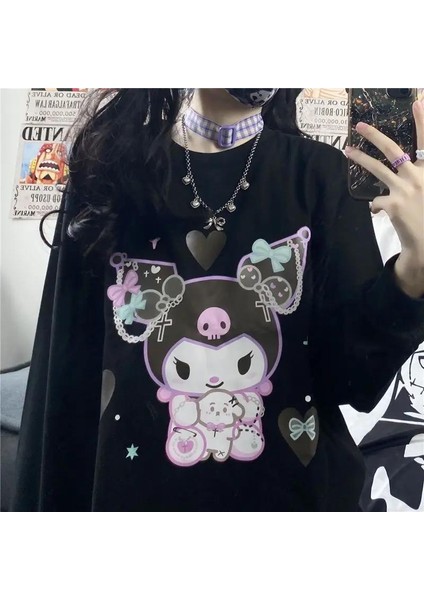 Harajuku Kuromi Baskılı Siyah Unisex Oversize Bisiklet Yaka Sweatshirt