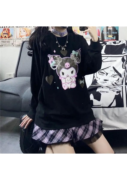 Harajuku Kuromi Baskılı Siyah Unisex Oversize Bisiklet Yaka Sweatshirt