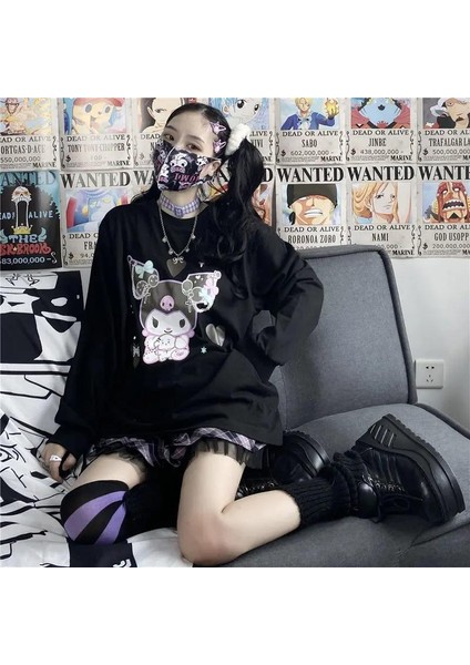 Harajuku Kuromi Baskılı Siyah Unisex Oversize Bisiklet Yaka Sweatshirt