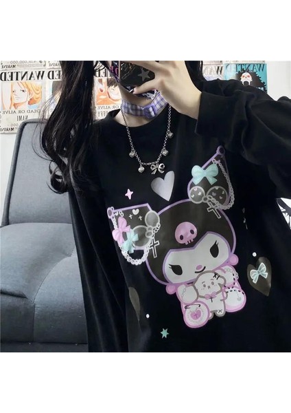 Harajuku Kuromi Baskılı Siyah Unisex Oversize Bisiklet Yaka Sweatshirt