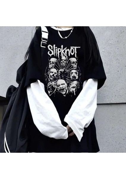 Slipknot Oversize Fake Kollu Beyaz T-Shirt