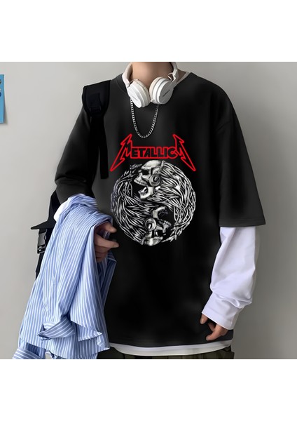 Metallica Oversize Fake Kollu Beyaz T-Shirt