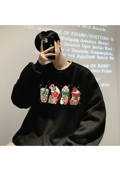 Touz Moda Happy Christmas Baskılı Siyah Unisex Oversize Bisiklet Yaka Sweatshirt