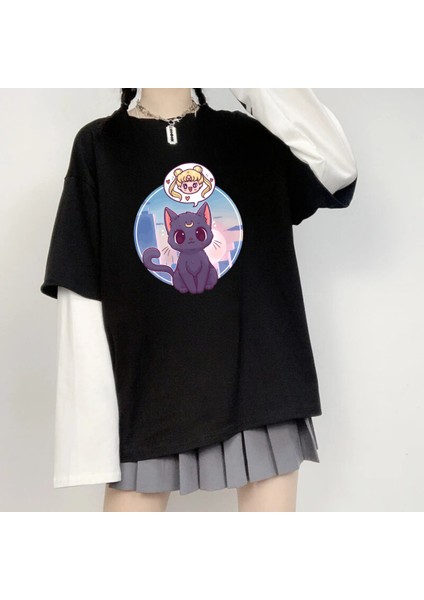 Sailor Moon Oversize Fake Kollu Beyaz T-Shirt