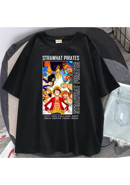 Harajuku Anime One Piece Strawhat Siyah Oversize T-Shirt